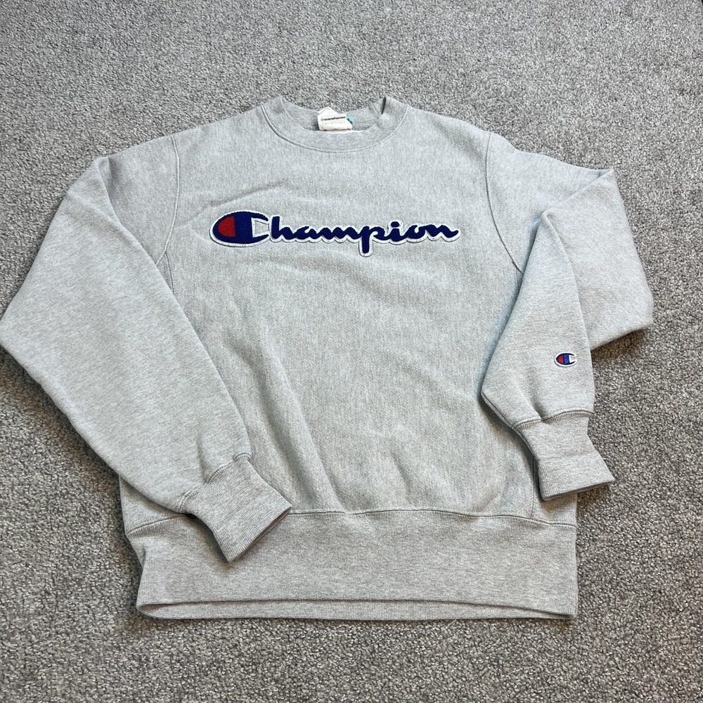 Champion Sweatshirt Mens Small Gray Blue Reverse‎ Weave Crewneck Script Logo